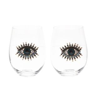 RACHEL ZOE EVIL EYE HAMSA STEMLESS WINE GLASS DRINKWARE